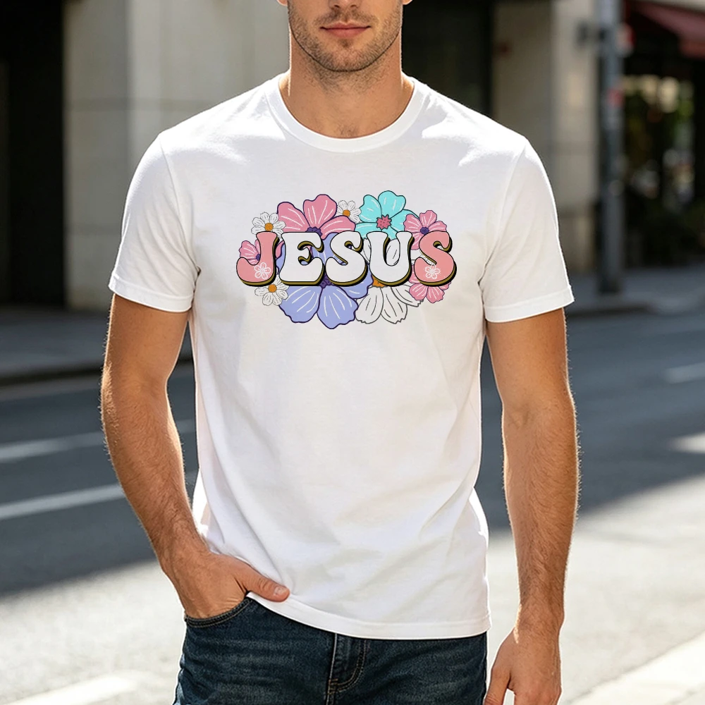 Floral Jesus Name Graphic Male White T Shirt Pastel Colored Flower Background Art Tee Top Religious Easter Christian Gift