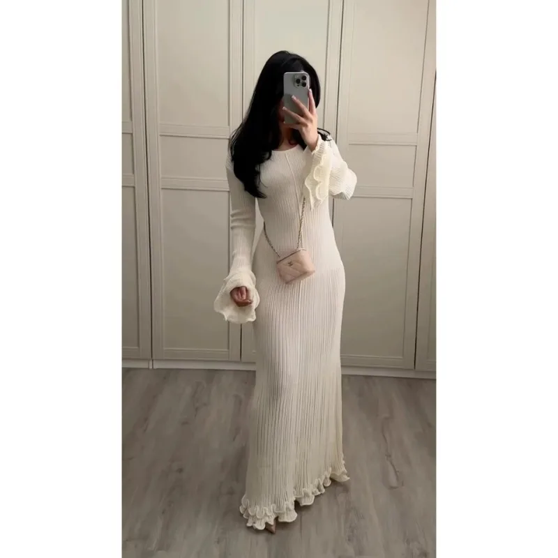 

2026, Solid Color Women's Clothing Autumn New Fashion High-end Long Dress Wrinkled Wavy Edge Backless Long-sleeved Dress