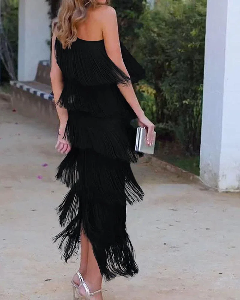 Letnia sukienka z ukośnym kołnierzem Dissymmetry Fashion Tassel Suknie wieczorowe bez rękawów Długa sukienka dla kobiet Sukienki imprezowe Vestidos — zdjęcie 6