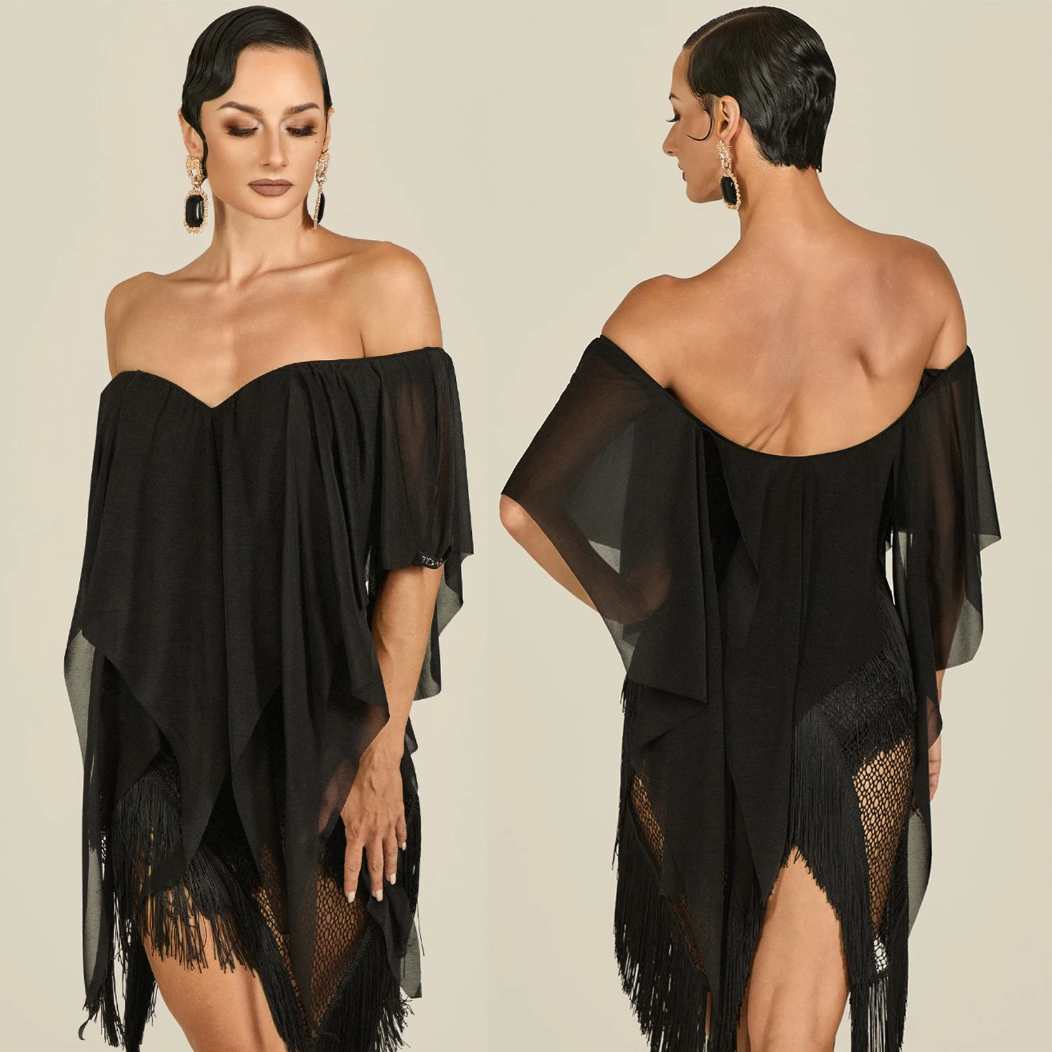 Nowe seksowne stroje do tańca latynoamerykańskiego z odkrytymi ramionami, siateczkowe topy, spódnica z frędzlami, damska sukienka do rumby, tanga, na występy i konkursy taneczne DNV25952