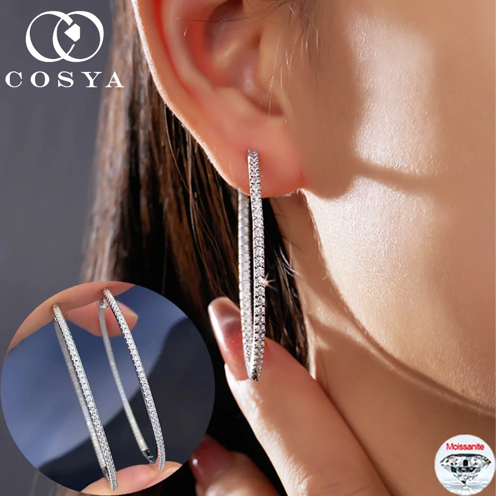 COSYA Luxury Full Moissanite Hoop Earrings For Women 100% 925 Silver Sparkling D Color Earrings Wedding Bridal Fine Jewelry Gift