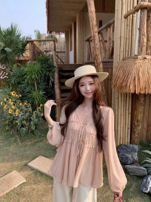 

plus Size V-Neck Long Sleeve Chiffon Shirt Women's Spring New Gentle Korean Style Bubble Sleeve Top Skin-Friendly Breathable