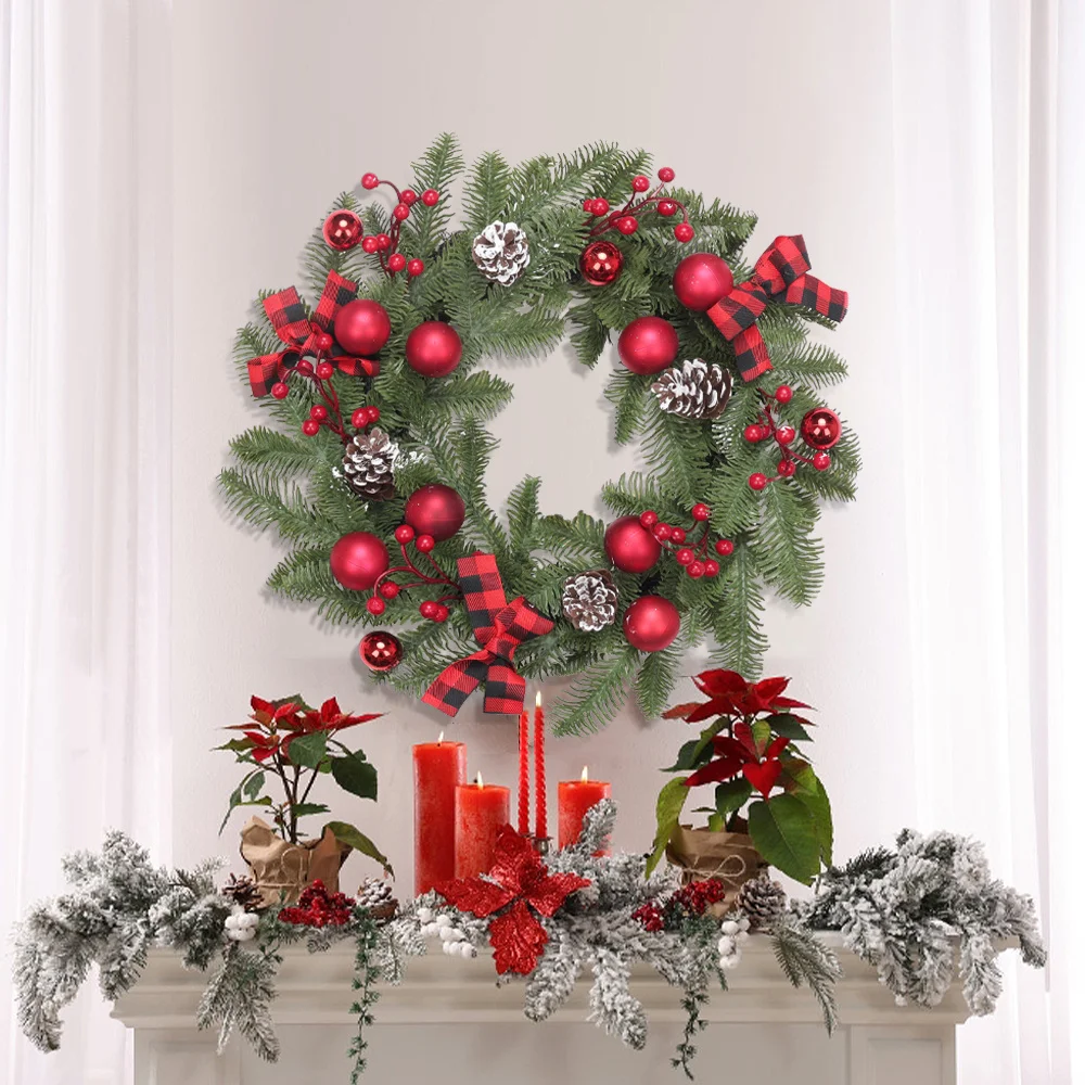 إكليل زهور عيد الميلاد، قلادة تزيين على شكل فاكهة صنوبر حمراء مخروطية من الصنوبر والسرو، بهو منزلي، ديكور جداري، معلق للباب