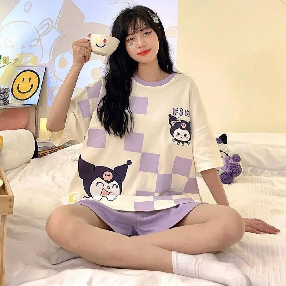 

Sanrioed Hello Kitty пижамный комплект с героями мультфильмов, женские хлопковые тонкие топы, шорты, летняя домашняя одежда в стиле аниме Kawaii, милые студенческие свободные комплекты для девочек