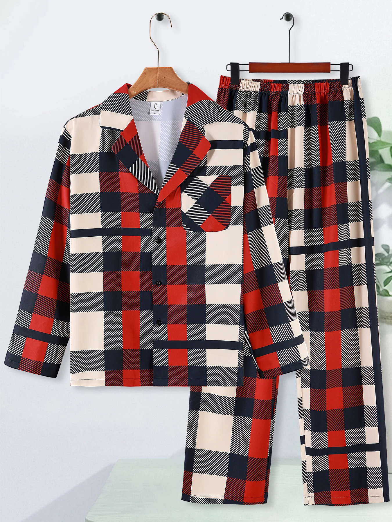 

Men's Basic Plaid Loungewear Set Lapel Long Sleeve Top & Plaid Pants 2 Piece Casual Sleepwear