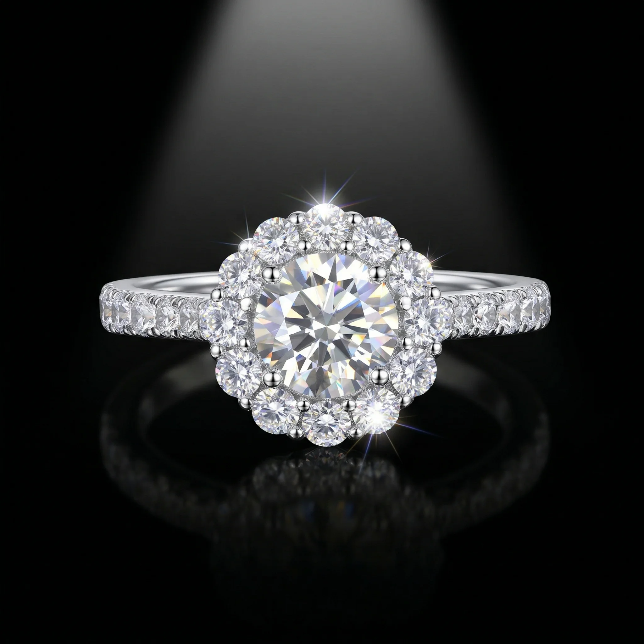 

Halo Moissanite Ring, 925 Silver, D Color VVS1, 1ct Flower Halo Setting, Light Luxury Engagement Women's, w/ Cert