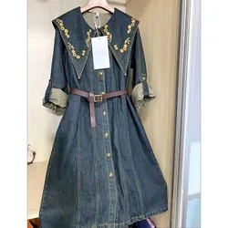 Autumn Denim Dress Women Retro Embroidered Long Sleeves Jeans Dress Ladies Doll Collar Dress New High-end Exquisite Denim Dress