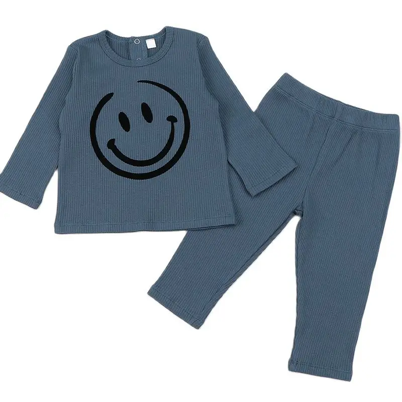 Child pajamas 2 pieces set top and pants ribbed kids clothes boy girl clothing round neck winter pajama baby set flocking smile