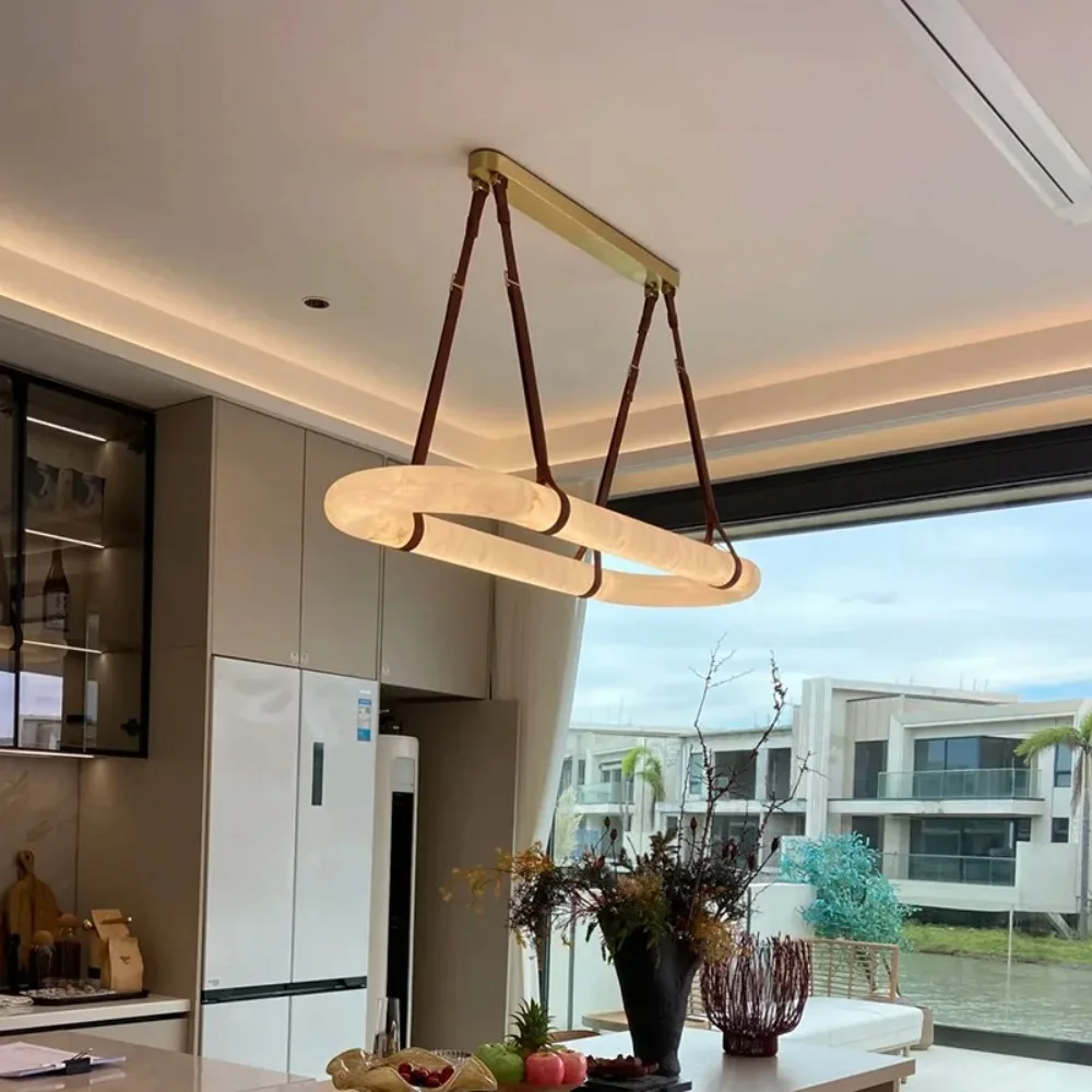 Oval Marble Chandelier with Leather Belt European LED Ring Suspension Luminaire for Living Room