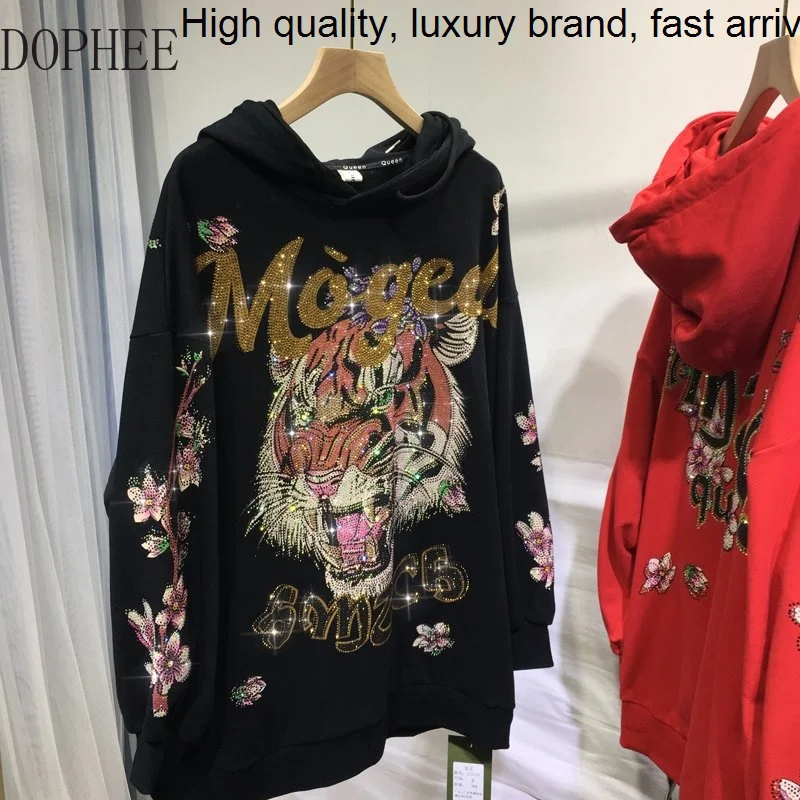 Hot Drilling Luxury Female Sweatshirts Tiger Plum Pullovers Cotton Top Streetwear Autumn Winter Long Sleeve Hooded Hoodie Trendy