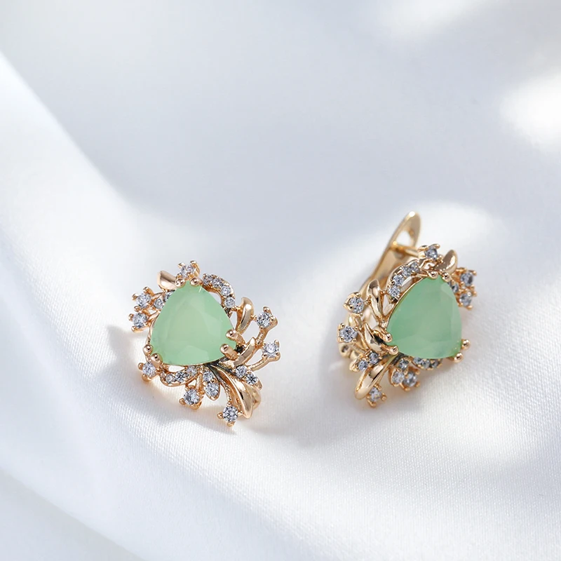 Kinel New Trend Crystal Flower Earrings for Women 585 Rose Gold Color Green Natural Zircon Drop Earrings Fine Daily Jewelry