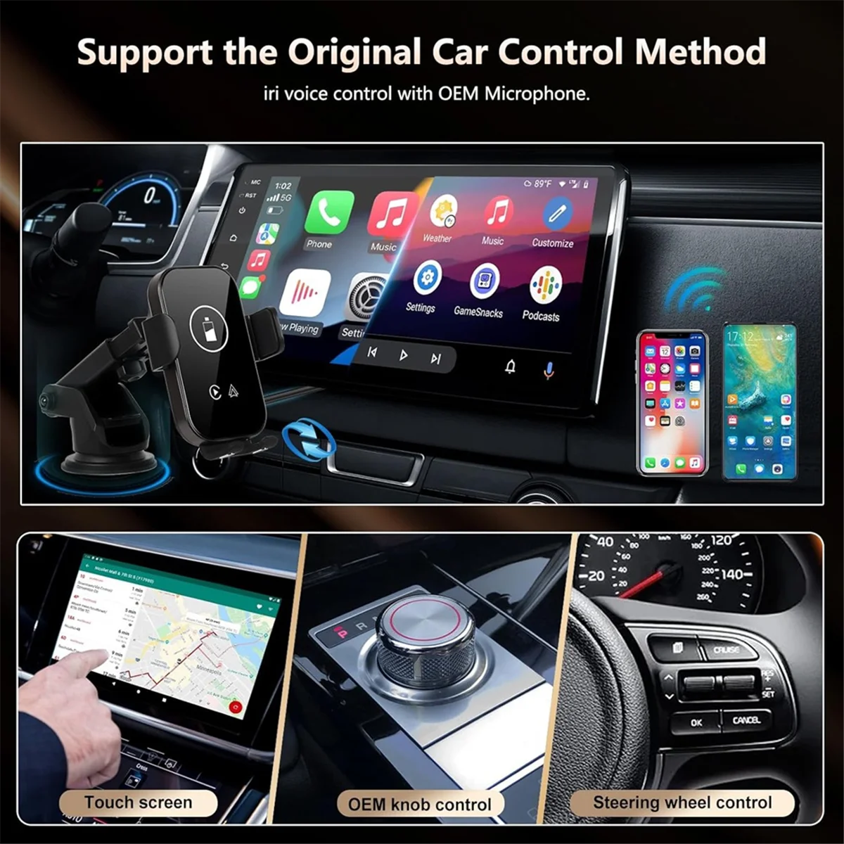 Wireless Carplay Adapter Android Auto Dongle & 15W Car Charger & Car Air Vent Dashboard Phone Holder Mount