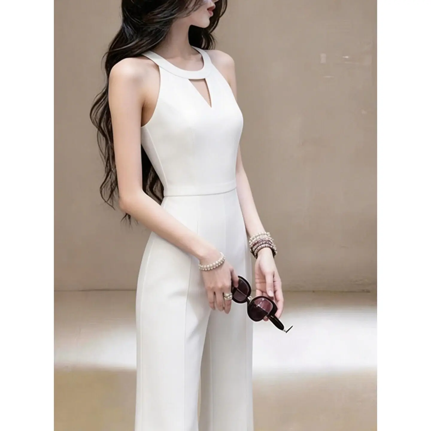 New High End White Jumpsuit Women Summer Slim Halter Sleeveless Slim Solid Color Party Jumpsuits Fashion Elegant