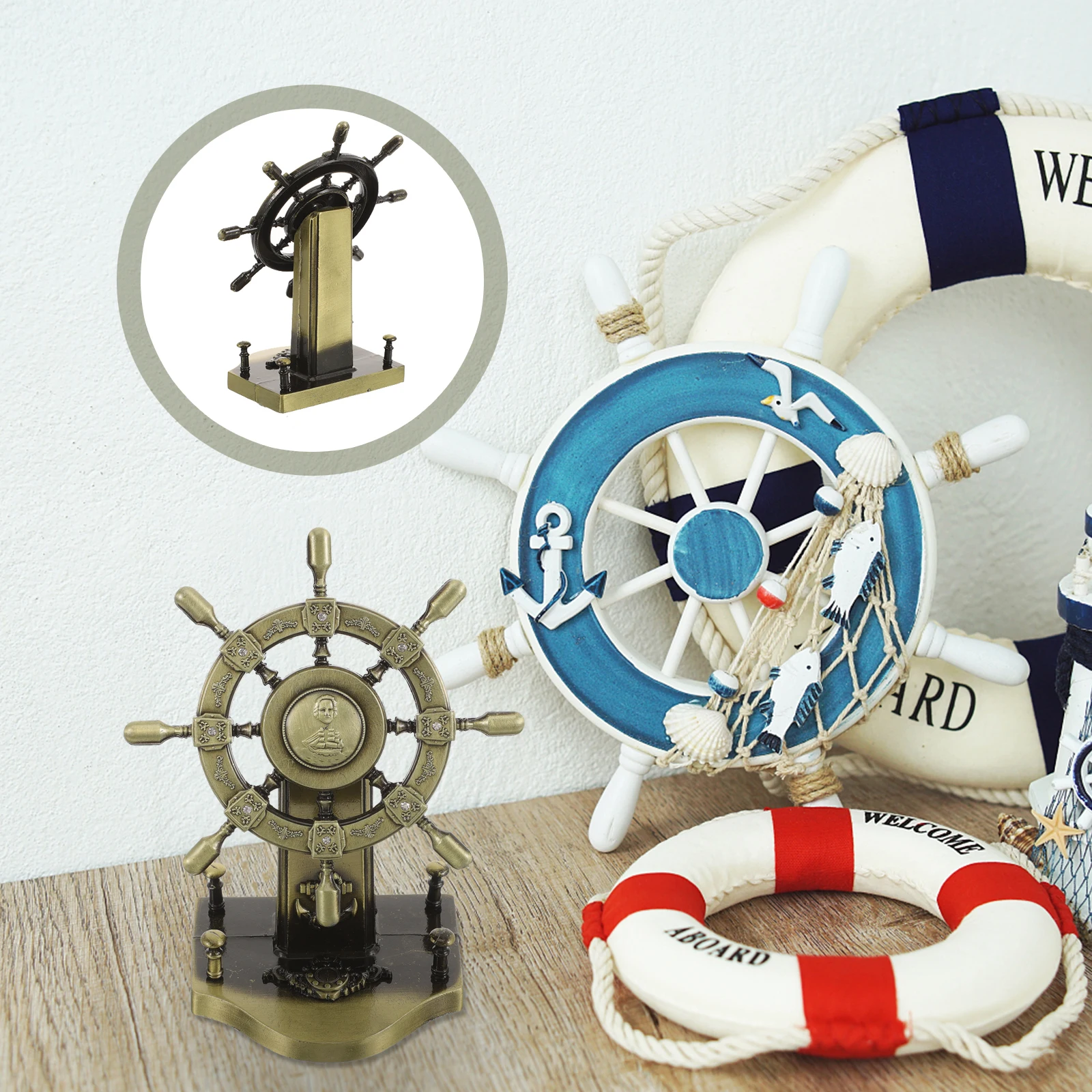 

Retro Vintage Marine Rudder nament Desktop Home Decor Small Alloy Boat Yacht Coastal Party Decoration Creative Gift Red