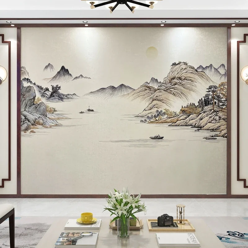 New Chinese landscape painting mural living room TV sofa background single embroidery wall covering high-end seamless