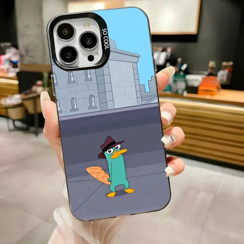 حافظة هاتف كارتون بيري The Platypus لهاتف آيفون 17,16,15,14,13,12,11,Pro,Max,Plus,Anti Fall Black Matte Hard Bumper