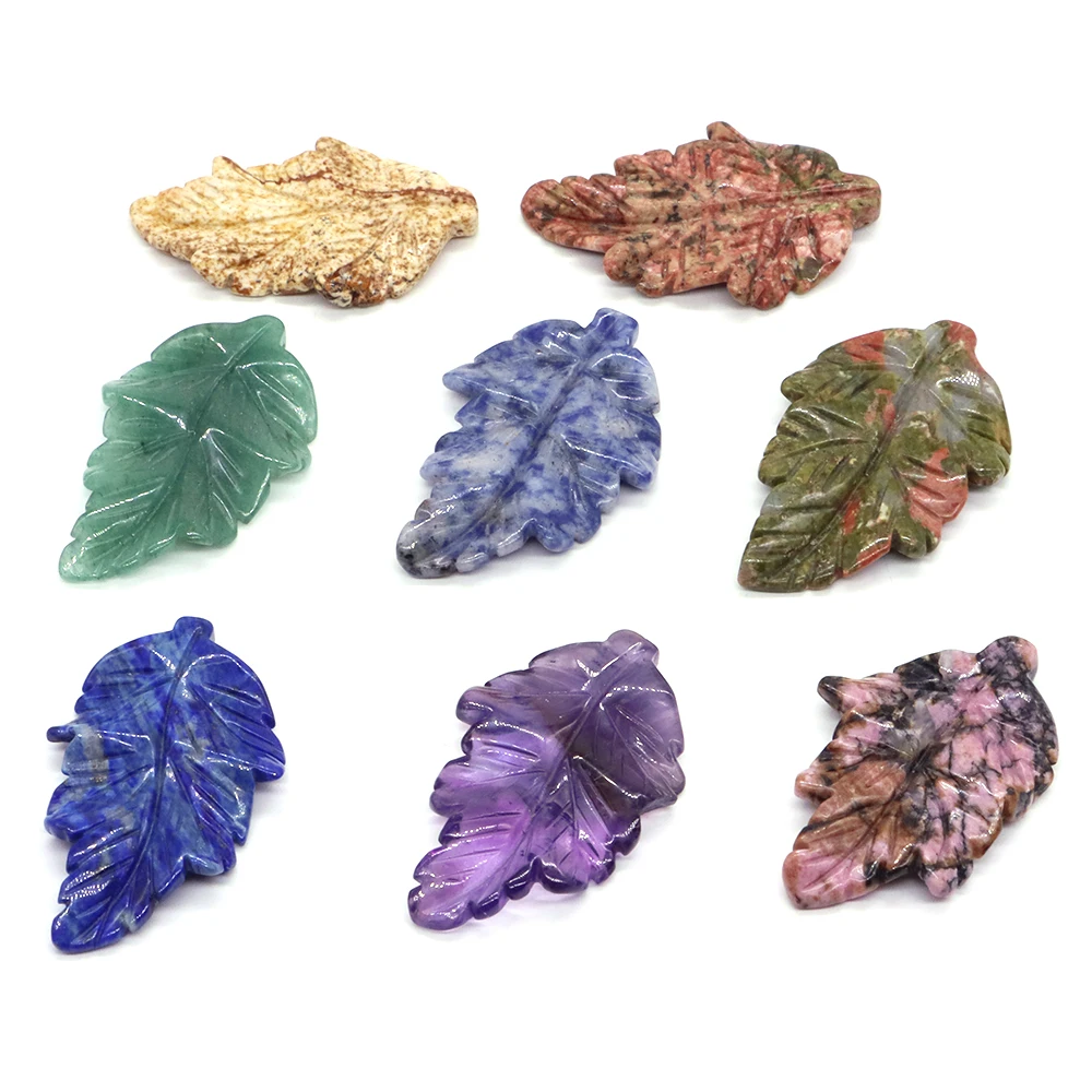 Mini Leaves Figurine Natural Stone Crystal Healing Gemstone Decoration with Hole Jewelry Bracelet Anklet Making Accessories 40mm