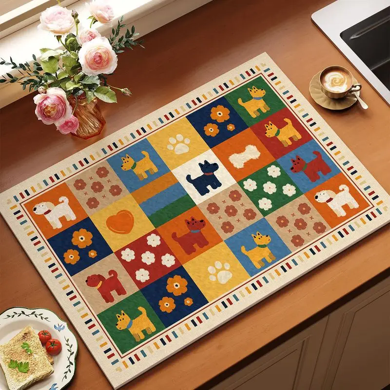 VIKAMA Retro Checkered Cat Dog Animal Kitchen Drainage Mat, Anti-Slip Coffee Machine Tableware, Protection Mat