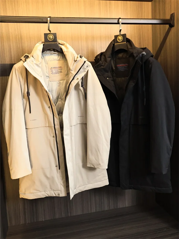 

Men's Outdoor Windproof Waterproof down Jaet Hooded 90% White Du down Level Thousand Faion Urban Long Sle Pure Color