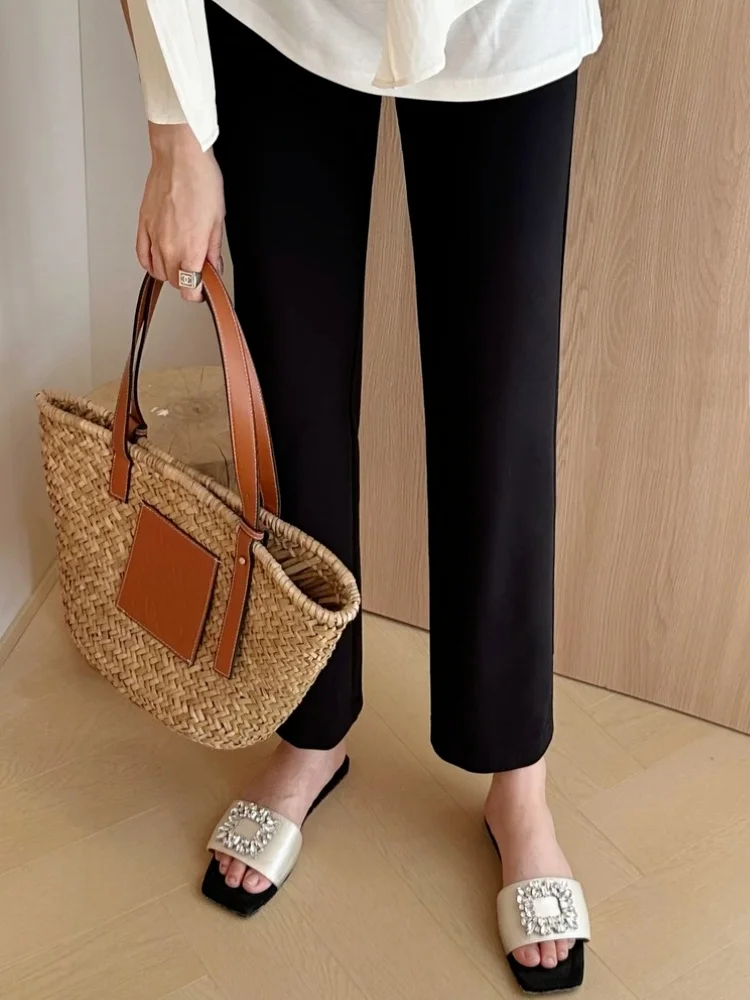 

Faionable European Sle Women's Straight Leg Bell Bot Pants Thin Nine Points Bla Casual Loose Fit Slimming Trousers