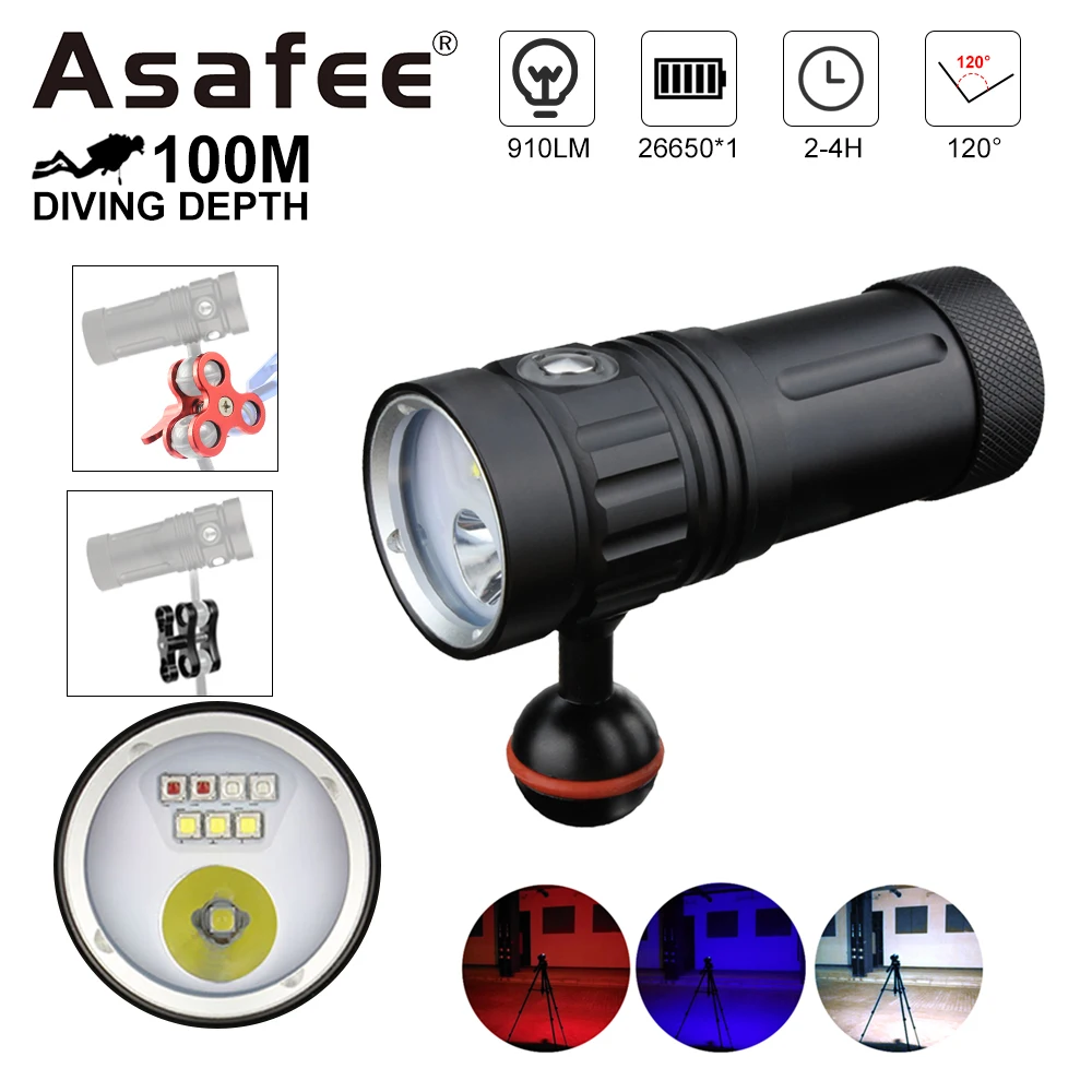 

Asafee DR08 Photography Camera Light Diving Flashlight White/Red/Blue Video Scuba Lantern 100M Underwater Portable Torch Lamp