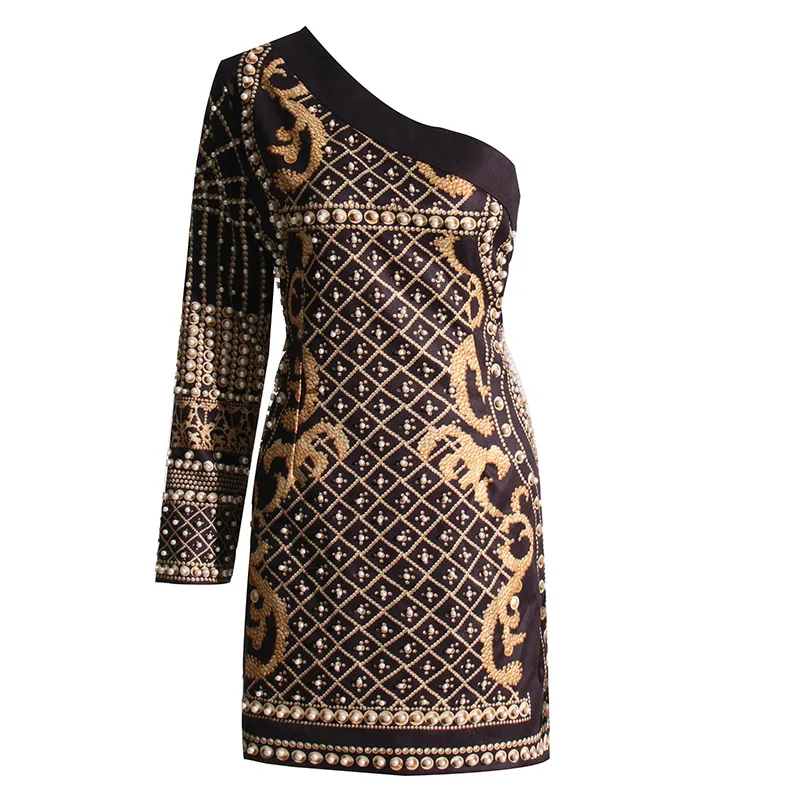 2025 Spring Printed Heavy Duty Nail Bead Dress Single Shoulder A-line Dress Retro Slanted Shoulder Long Sleeved Dress