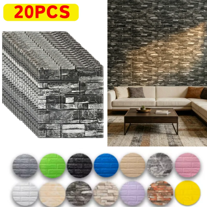 20pcs Waterproof 3D Brick Wallpaper Self-adhesive Wall Stickers 38cmx35cm Stain-resistant Unique Living Room Kitchen TV Backdrop