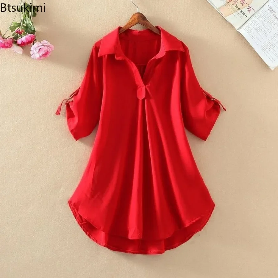 2025 frauen Sommer Solide Chiffon Blusen Mode Lose Elegante V-ausschnitt Pullover Casual Kurzarm Shirt Damen Mid-länge Tops