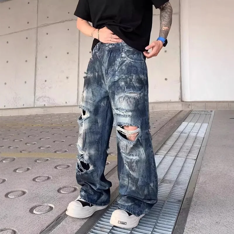 

American Retro Y2k Blue Distressed Ripped Jeans Men's 2025 New Fashion Vintage Straight Wide Leg Pants Washed Destroyed Cotton