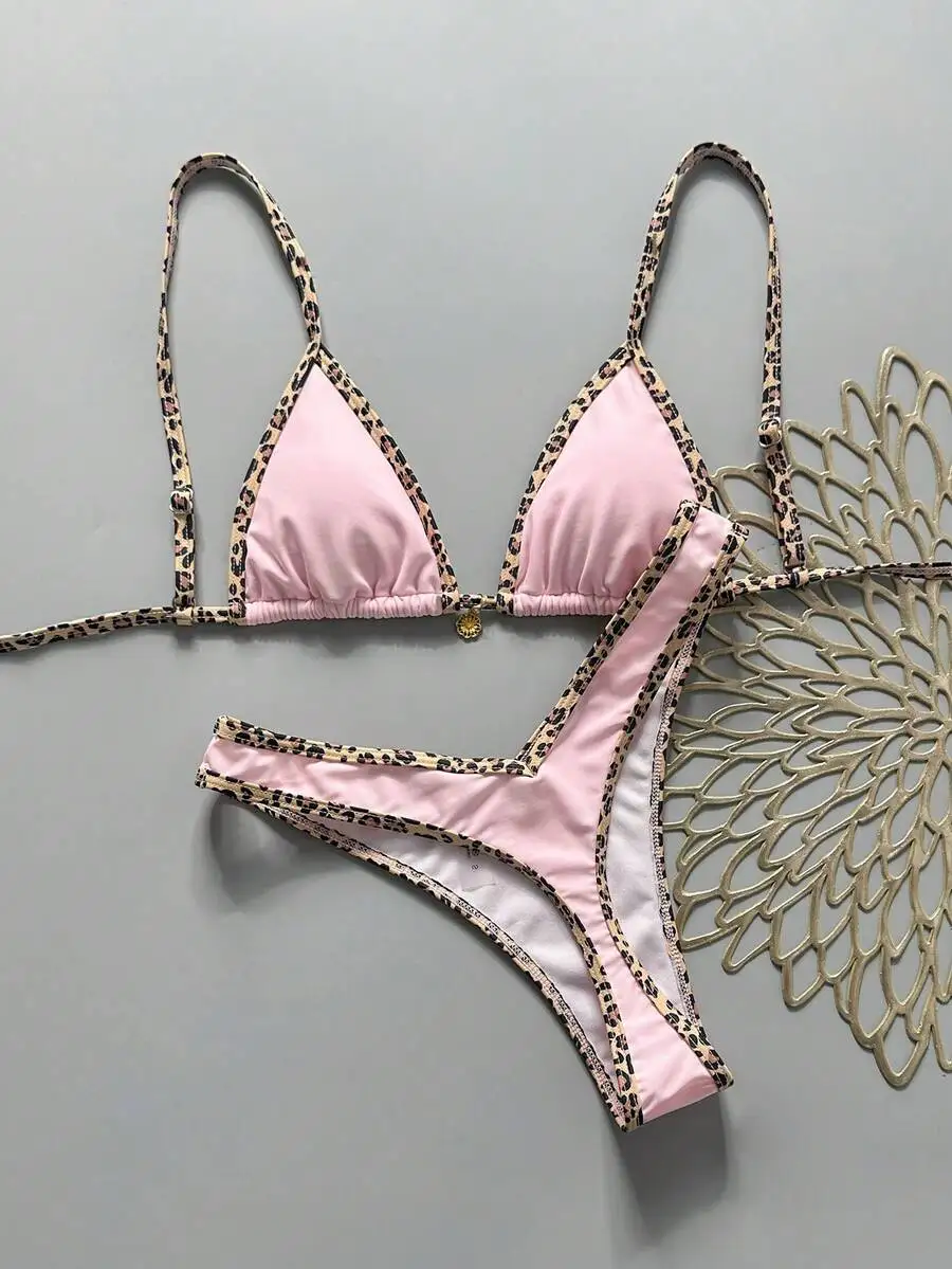 

Pink Leopard Print Halter Bikini Set Women High Cut Tie Back Two Piece Swimsuit
