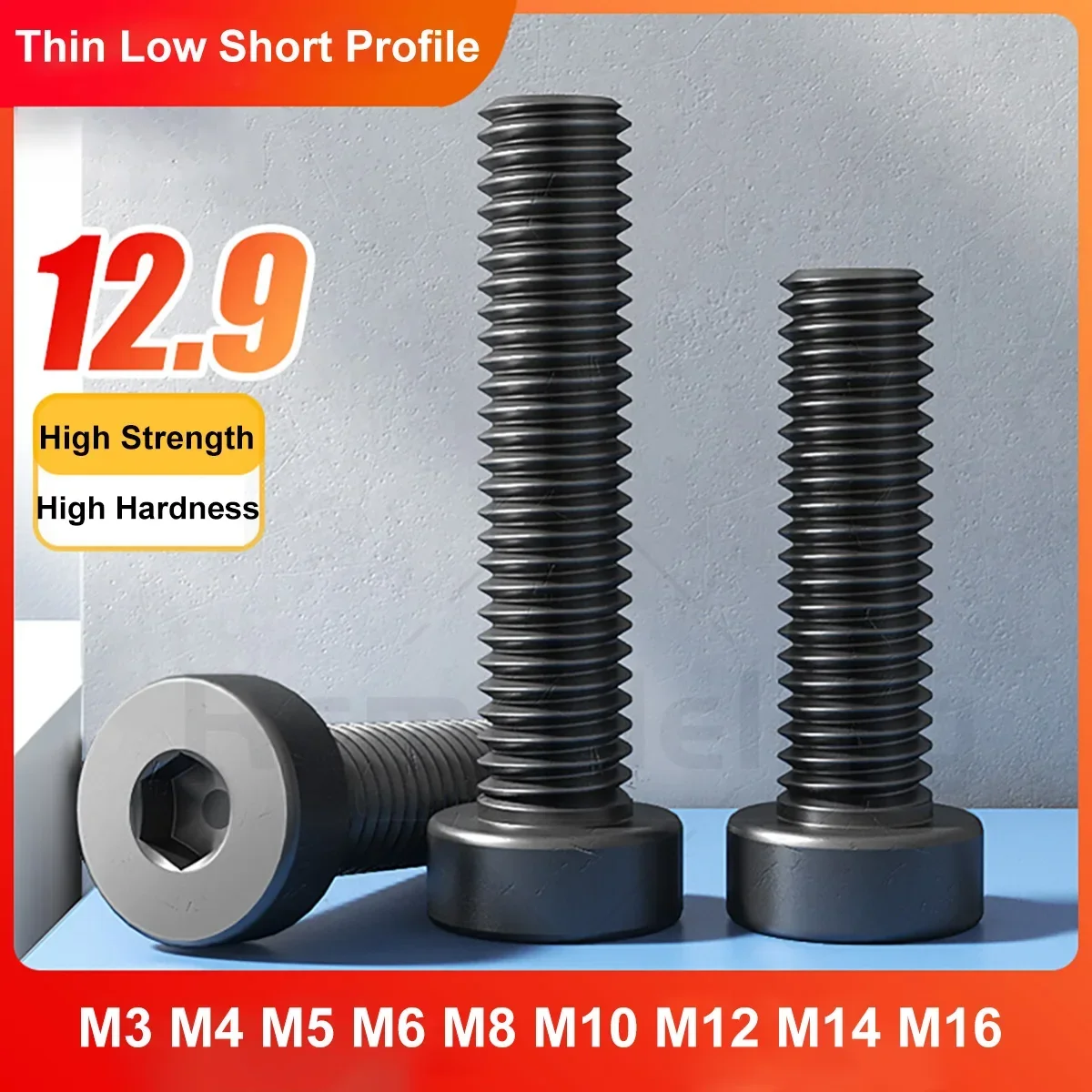 1-20Pcs M3 M4 M5 M6 M8 M10 M12 M14 M16 12.9 Grade Black Allen Hex Hexagon Socket Thin Low Short Profile Cap Head Screw Bolt