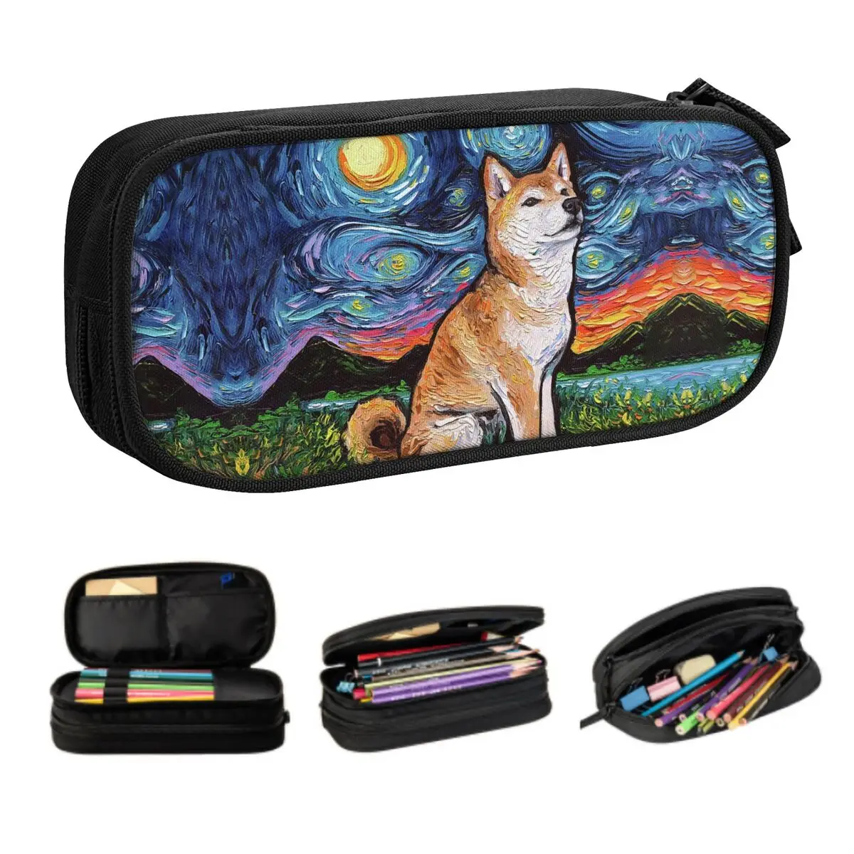 

Милые пеналы Shiba Inu Starry Night на заказ для девочек и мальчиков, большая емкость, пенал для любителей домашних собак, школьные принадлежности