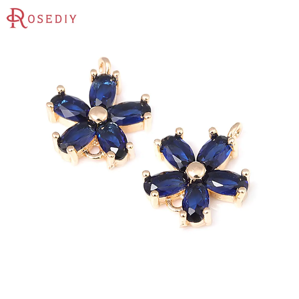 6PCS 18K Gold Color Brass and Zircon 2 Holes Flower Connect Charms Pendants Diy Jewelry Making Earrings Accessories for Women
