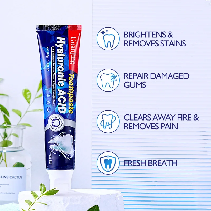 Toothpaste Gum Repair ácido hialurônico para dentes mais brancos, Creme dental restaurador, Aliviar goma e problemas de tecidos macios