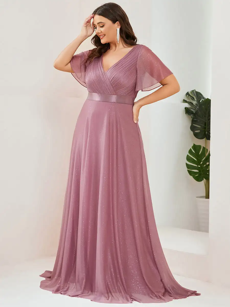 Plus Size Evening Dresses Deep V Neck Ruffles Sleeve Floor length 2025 Ever Pretty of A Line Orchid Bridesmaid dress