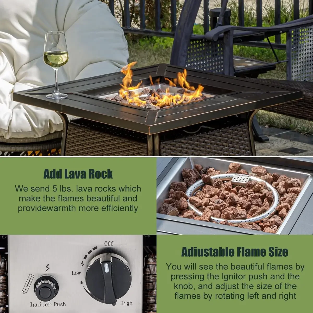 28 inch Wicker Propane Fire Pit Table,Gas Fire Pits Table for Outside,50000 BTU Propane Fire Pit with Lid &Lava Rocks,Gas for Ga