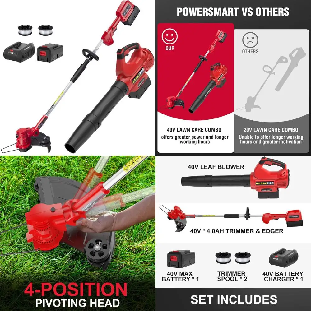 

Аккумуляторный триммер-воздуходувка 40В двойного назначения с батареей 4.0 Ач и автоматической подачей лески