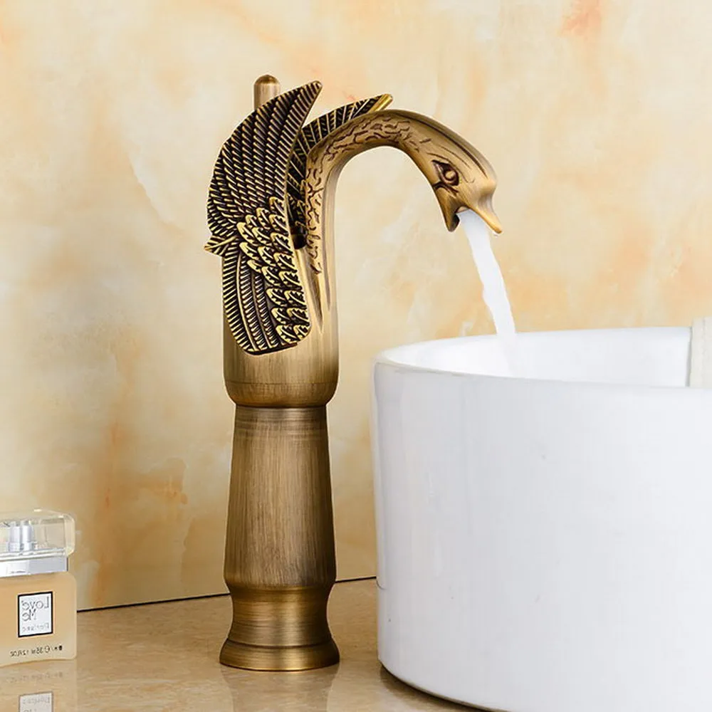 

Antique Brass Carved Animal Swan Shape Single Handle Bathroom Faucet Sink Basin Cold / Hot Mixer Tap anf177