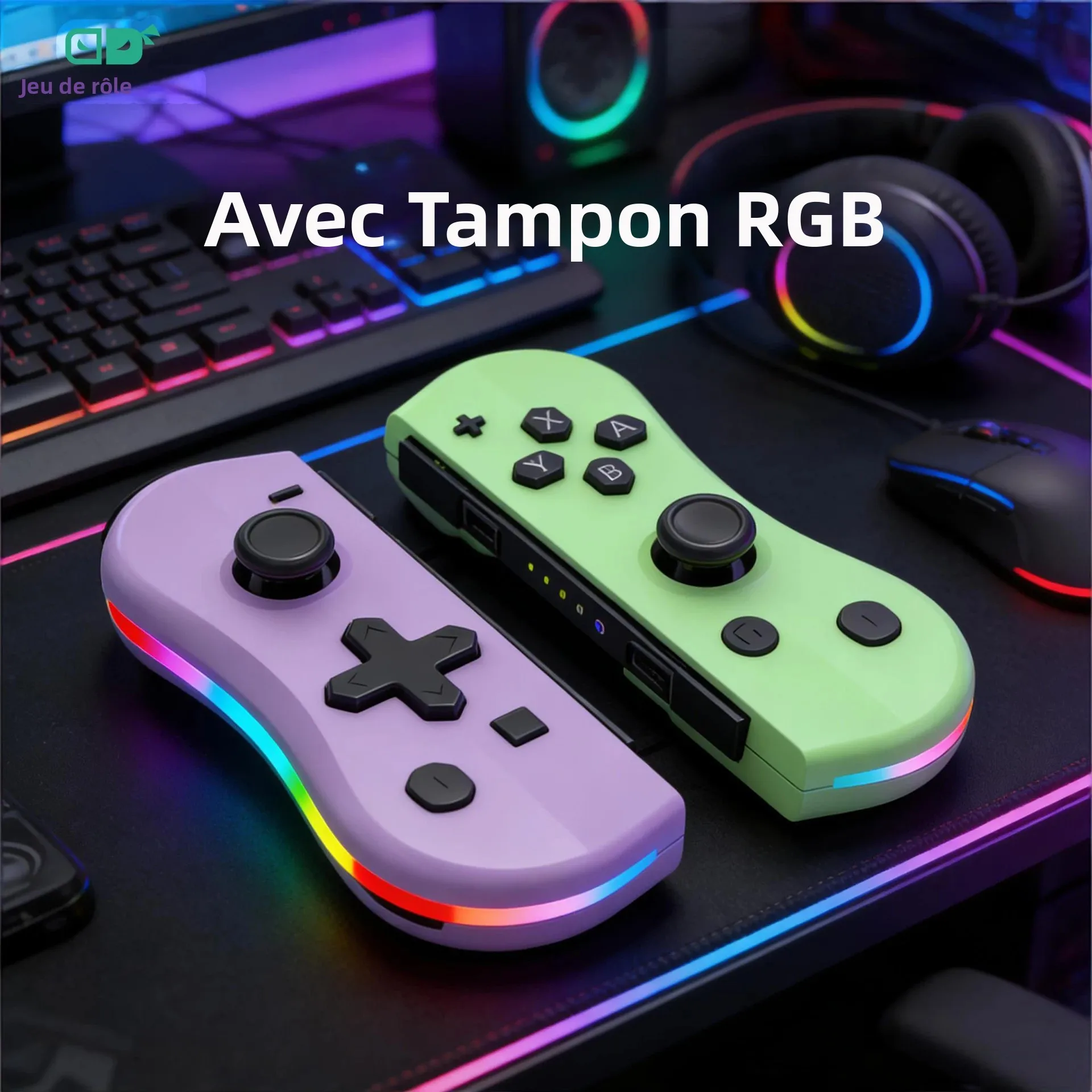 Manette de jeu sans fil GAMINJA avec lampe RGB pour console de jeu Switch, poignée L/R avec fonction de capture d'écran et de réveil