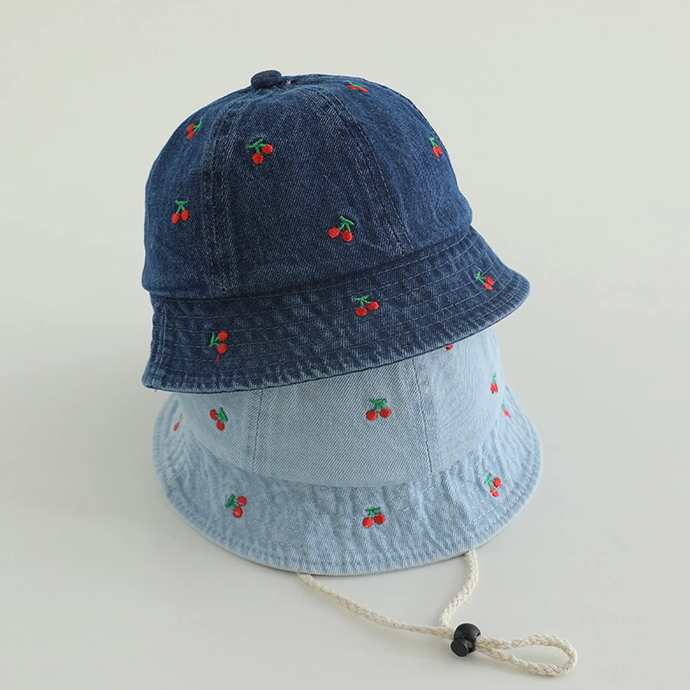 

Джинсовая панама с вышивкой вишни для детей 2-6 лет, хлопковая, 52 см, милая, в стиле каваи