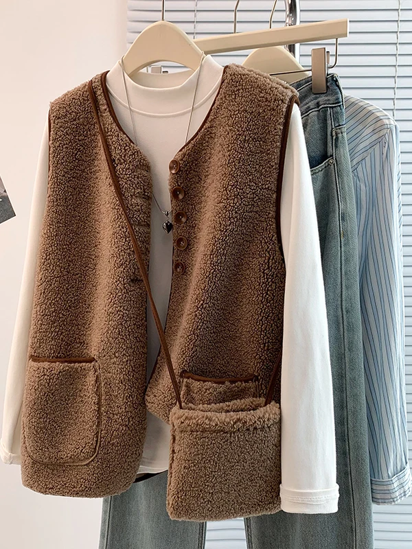 سترة فرو الضأن الدافئة ort Sle الطبقات ارتداء حقيبة اللون كوليون تصميم الرجعية الخريف الشتاء المرأة Faion العنصر الأصلي