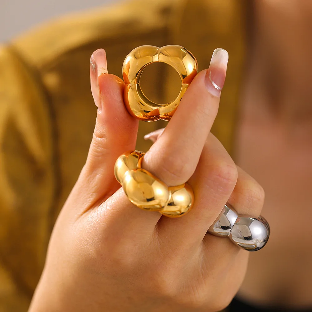 Cute Charm Flower Chunky Exaggerate Rings For Women Stainless Steel Gold Plated Waterproof Finger Ring Jewelry Wholesale