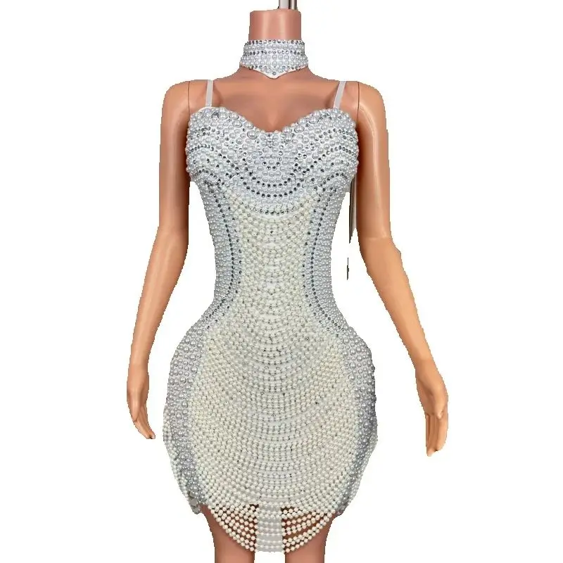 화이트 펄 라인스톤 이브닝 드레스 여성 파티 재즈 댄스 의상 무대 공연 의상 나이트클럽 바 페스티벌 의상 9692