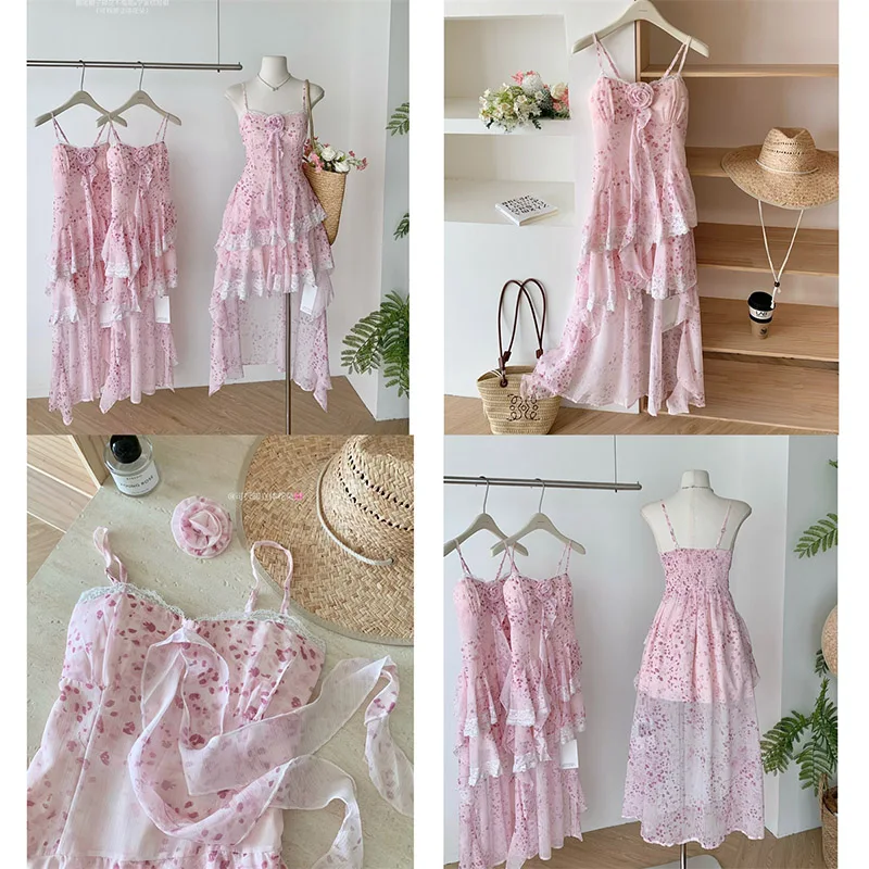 Y2K Unregelmäßige Kleid Frauen Mode Party Floral Spitze Spaghetti Strap Kleider Sommer Urlaub Frankreich Rüschen Bodycon Vestidos