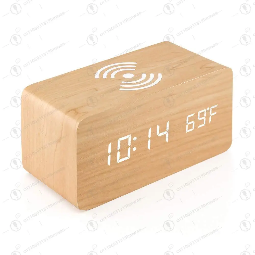 Wooden Alarm Clock Wireless Charging Light Emitting Diode USB Electronic Desktop Digital Alarm Clock Ornament