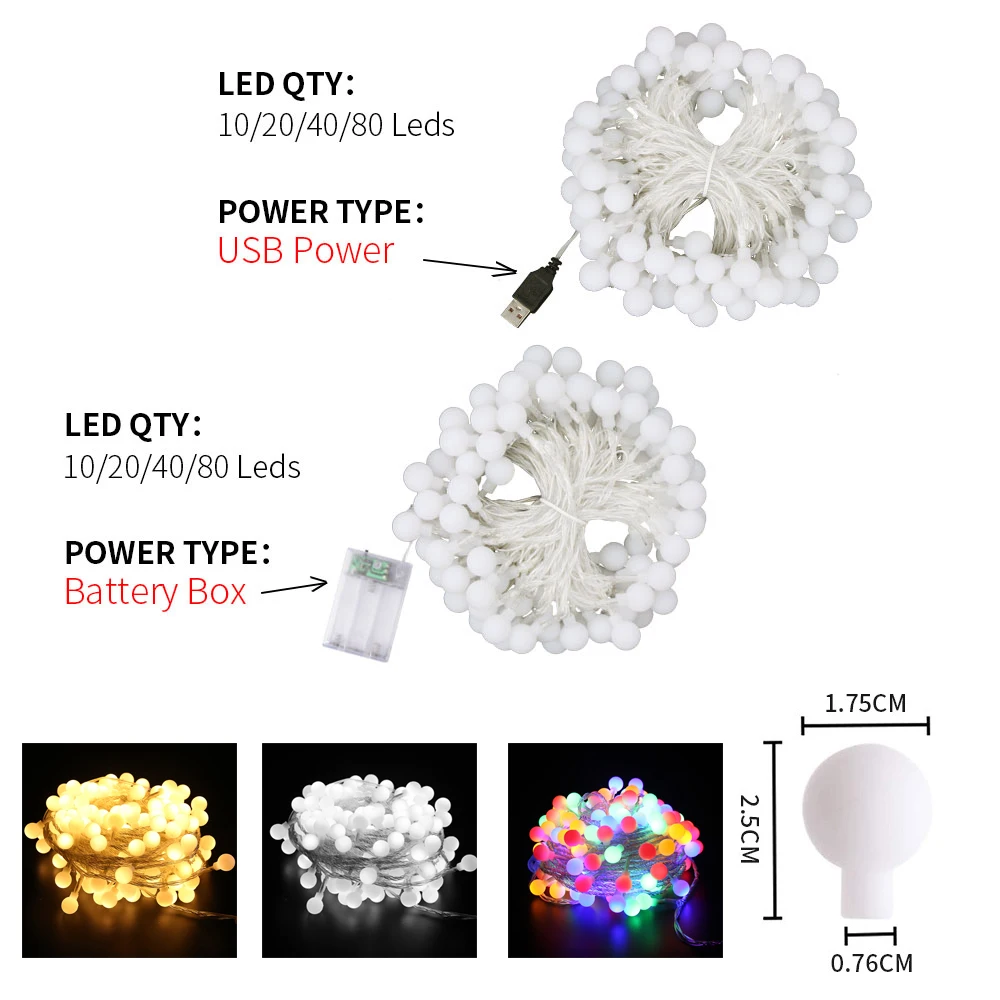 LED Ball Garland Lights USB/Battery Power Fairy Light Waterproof Outdoor String Light Christmas Holiday Wedding Party Decor Lamp