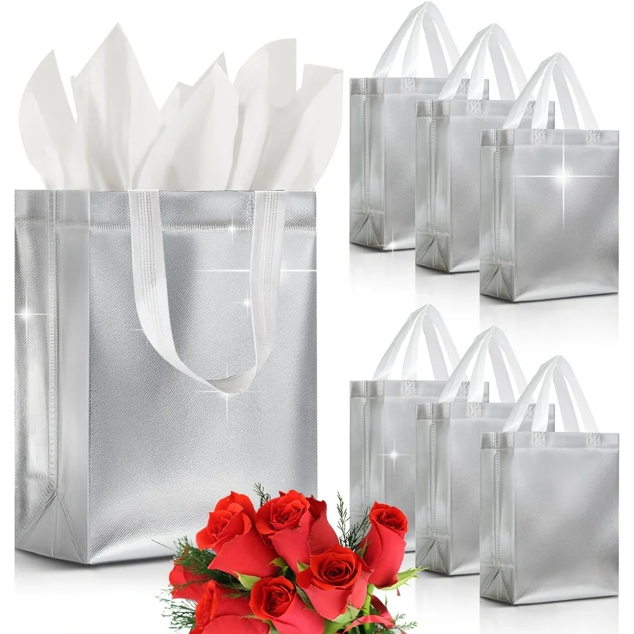 6/12er-Pack silberne Geschenktüten, wiederverwendbar, 26 x 20 x 10 cm, mittlere Größe mit Griff für Weihnachten, Geburtstag, Hochzeit, Party