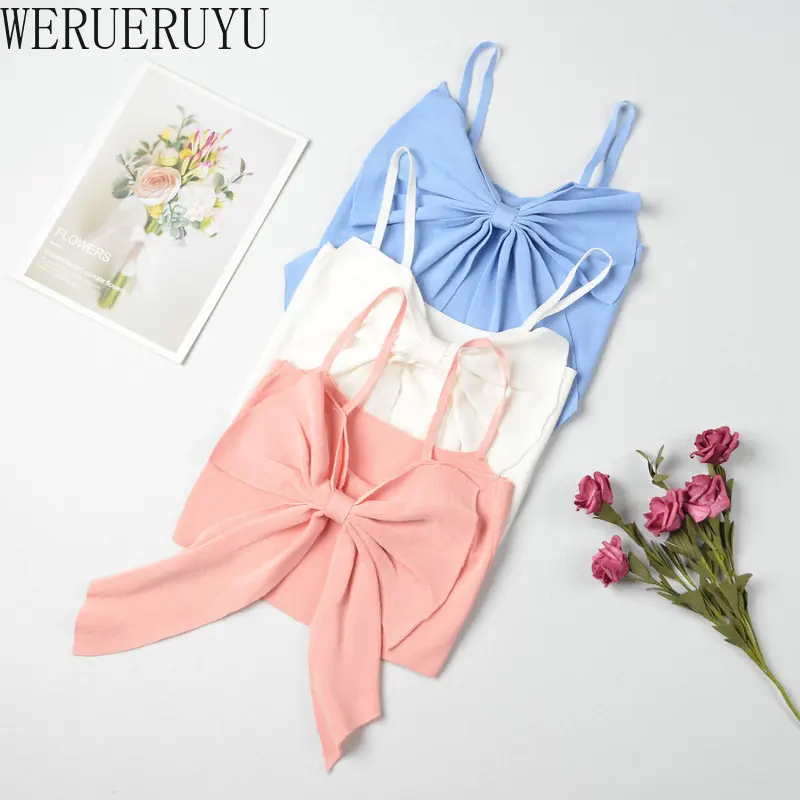 Summer Bow Crop Top Women Y2k Streetwear Clothes Korean Fashion Vest Blue White Pink Sleeveless Cute Tank Tops for Woman 2023