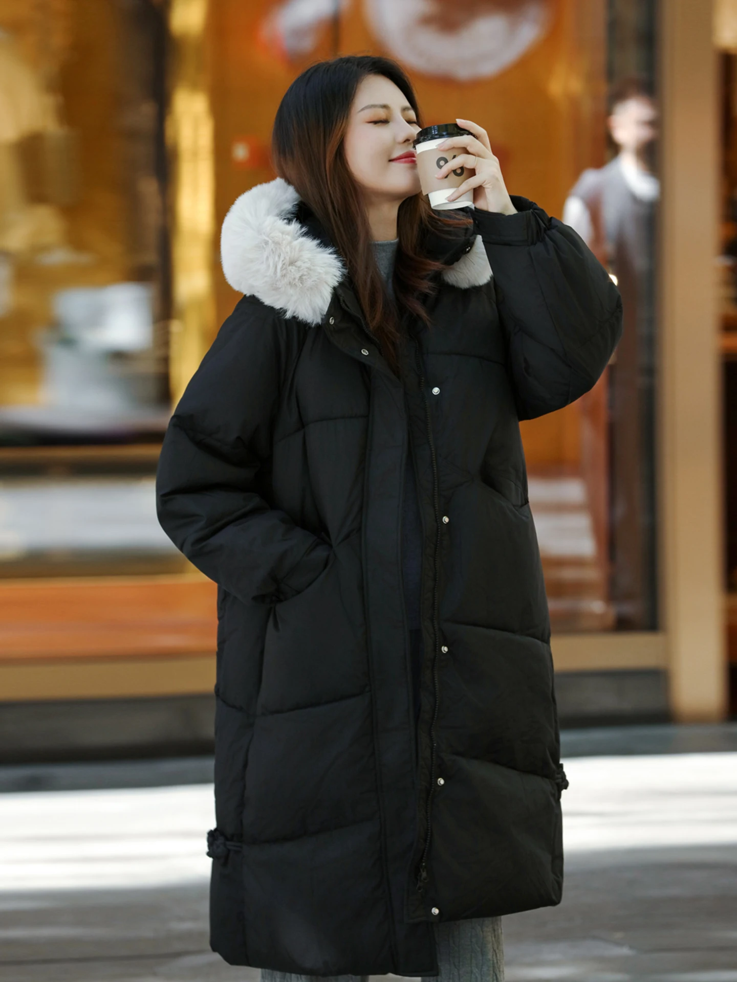 

Длинный свободный пуховик Bla, женский зимний новый джемпер с большим меховым воротником, корейский прямой крой из полиэфирного волокна