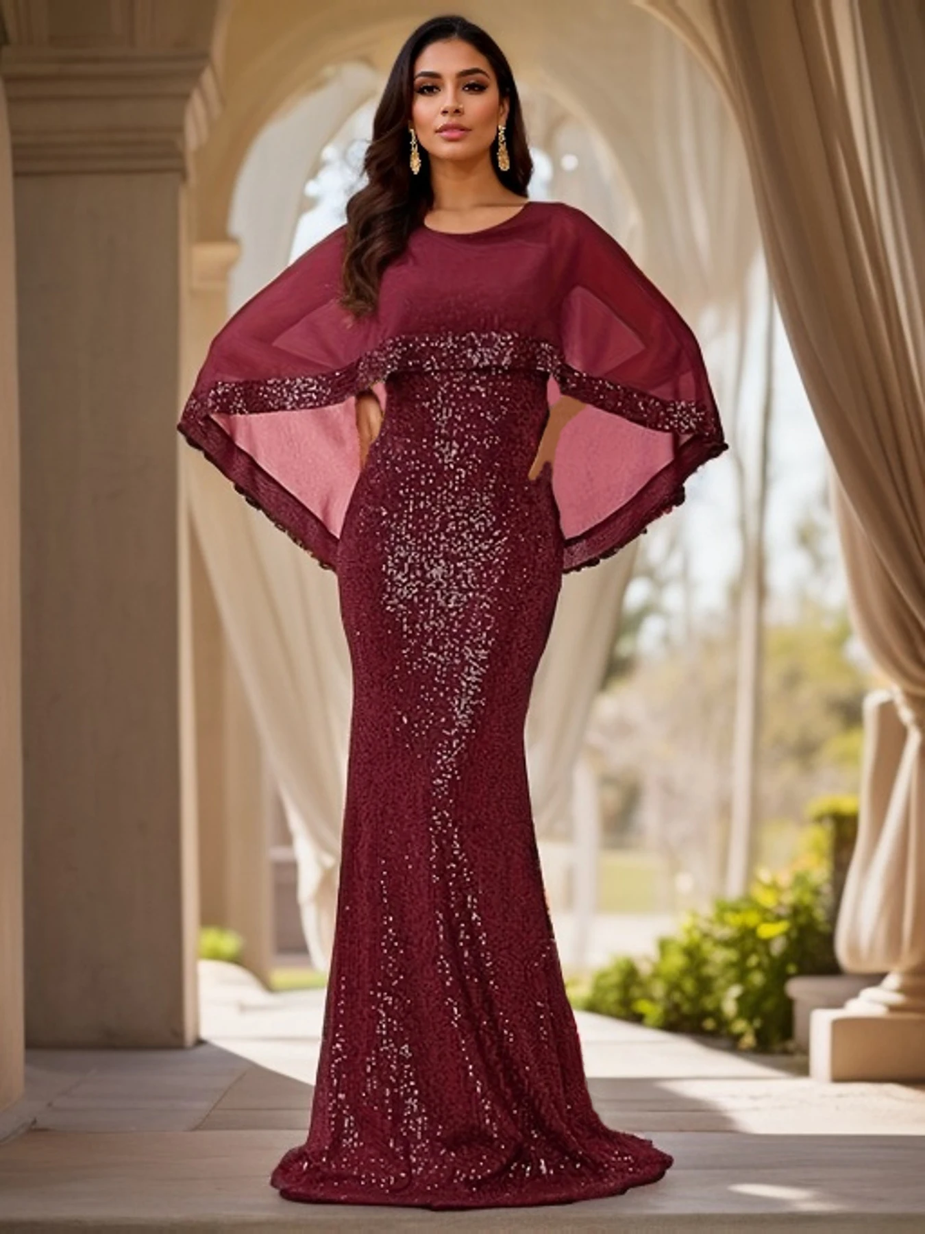 Romagic Burgundy Arabic Evening Party Dress O Neck Modest Stretch Sequin Chiffon Women Wedding Dress Formal Dinner Gown 2024